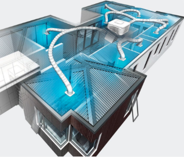 An artistic representation with a cad model of an evaporative cooling system mounted to the roof of a house.